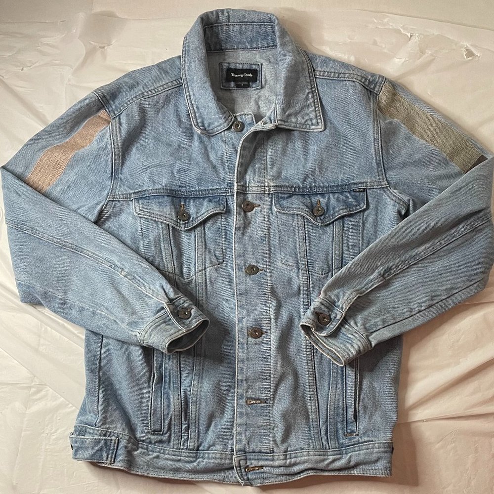 Barney Cools Blue Denim Jean Jacket Striped Sleeves Sz Medium